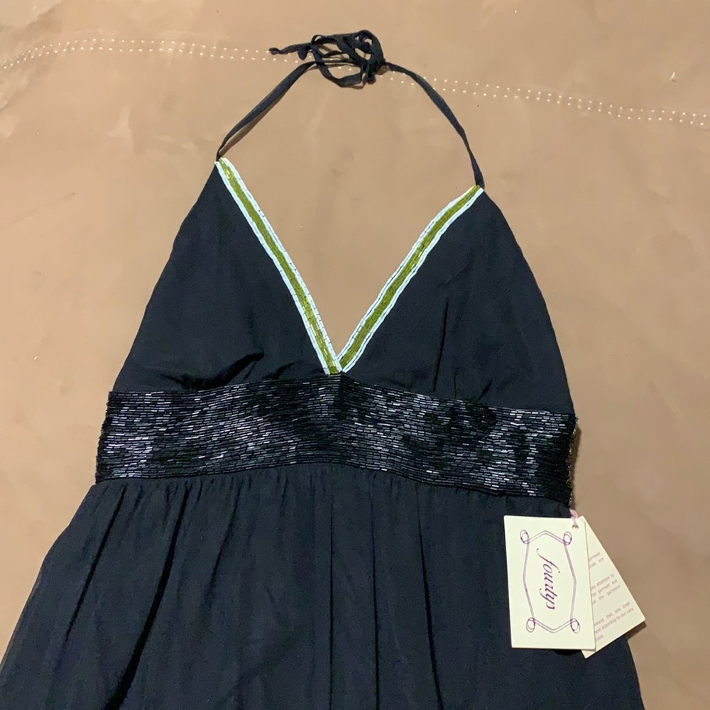 Beaded black silk halter mini-dress